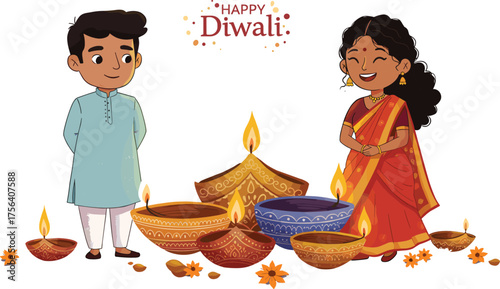 Happy Diwali celebration with children, boy in kurta, girl in saree, diya lamps, rangoli, festive lights, cultural festival, Indian tradition illustration