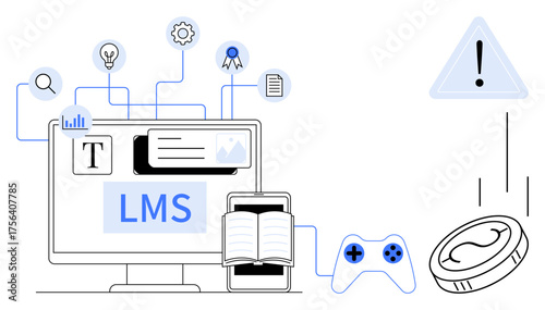 Desktop screen with LMS interface, open book, game controller, coins, and connected icons. Ideal for education, technology, e-learning gamification productivity innovation digital tools. Simple