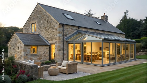 Luxury stone house with modern glass extension and landscaped garden area