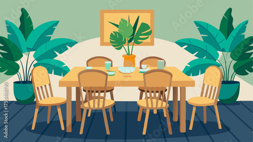A dining room with a bamboo table wicker chairs and tropical leaf placemats.