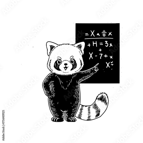 Cute red panda teacher teaching math algebra equation on blackboard illustration for education and learning 100