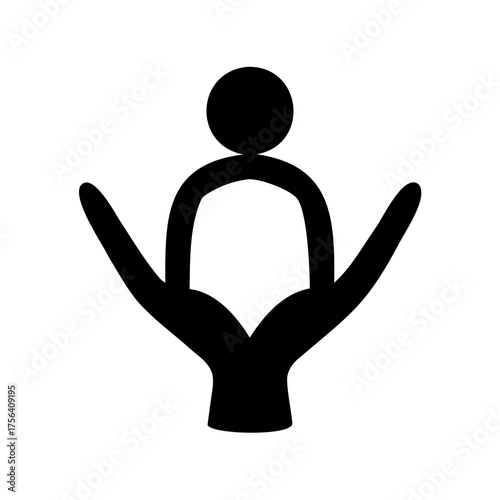 A symbol representing care and support with a figure being held by hands