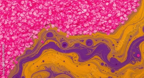 Pink confetti over fluid gold and purple paint