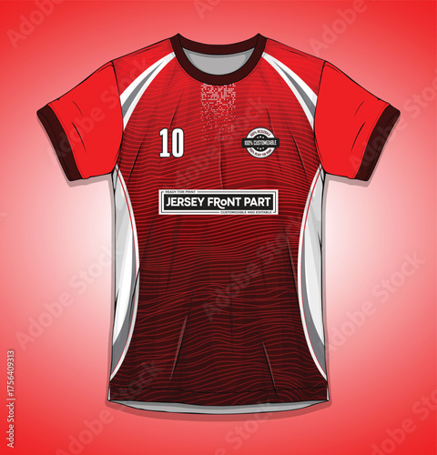 Red and white sports jersey with number 10 and sponsor logo