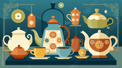 A display of vintage teapots and tea sets adding a touch of nostalgia to the space.