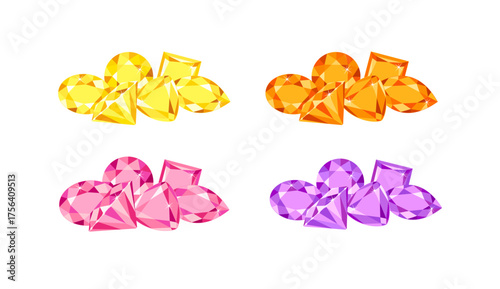 Set of gemstones. Heaps of pink, yellow, purple and orange crystals. Vector cartoon flat illustration.