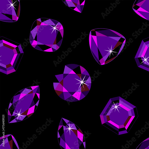 Dark purple gems on black background. Vector cartoon flat illustration. Seamless pattern with beautiful gemstones.