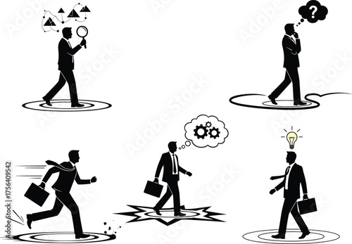 Business problem solving, decision making, analysis, brainstorming, innovation, leadership, teamwork, strategy, planning, success, corporate growth, professional thinking illustration