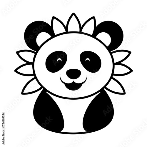 smiling panda with a sunflower crown and rosy