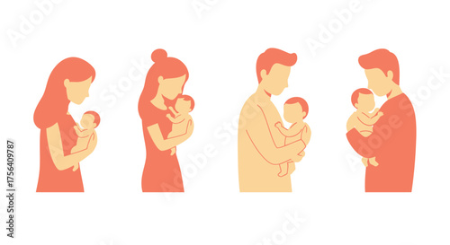 Illustration depicting four people each tenderly holding a small baby