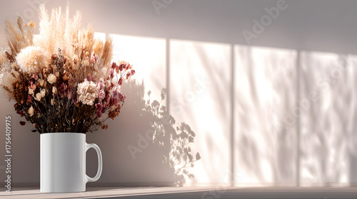 A serene arrangement of dried flowers in a white mug, casting soft shadows in a minimalist interior space.