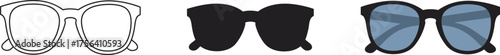 Three styles of fashionable sunglasses displayed side by side showing a sketch a solid black pair and a reflective blue lens pair with vector