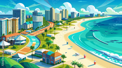 Very beautiful aerial view of the beach in Gulf Shores, Alabama, USA, showcasing white sandy shoreline, turquoise waters, beachfront buildings, and bright sunny coastal scenery.