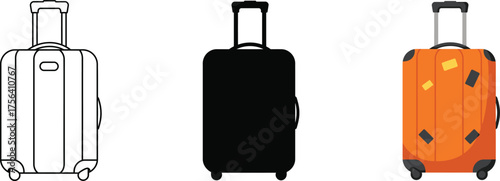 Three distinct suitcases showcasing design options including a line drawing a silhouette and a vibrant orange suitcase vector