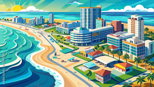 Very beautiful aerial view of the beach in Gulf Shores, Alabama, USA, showcasing white sandy shoreline, turquoise waters, beachfront buildings, and bright sunny coastal scenery.