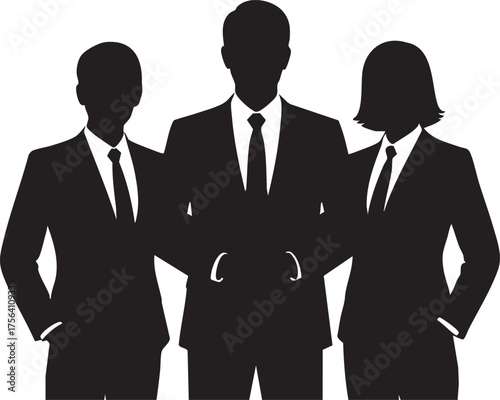 business team silhouette group, corporate professionals in suits, black and white leadership symbol, successful executive team figures
