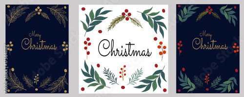 A collection of Christmas and New Year themed postcards. One is made on a dark blue background with gold and beige elements, including twigs, leaves and berries, with the inscription "Merry Christmas"