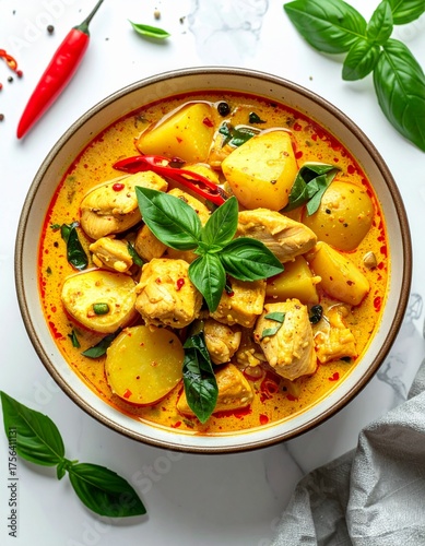 Thai yellow curry with chicken and potatoes, white background, elegant styling, space for text