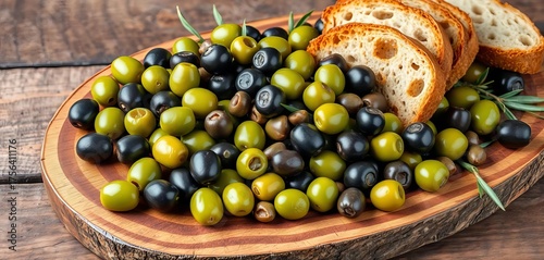 Rustic wooden board overflowing with vibrant green and black olives, crusty bread slices,   rustic background,  bread