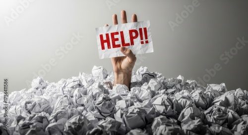 Overwhelmed with work needing help drowning in crumpled papers concept