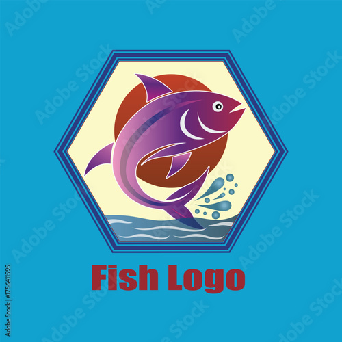 Purple Jumping Fish in Hexagon Frame Logo