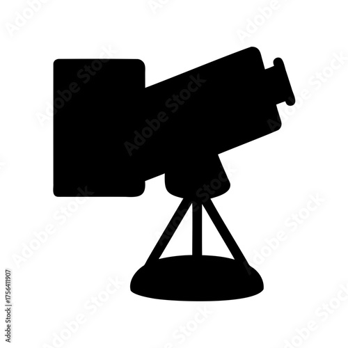 A solid black icon representing an oldfashioned camera on a stand
