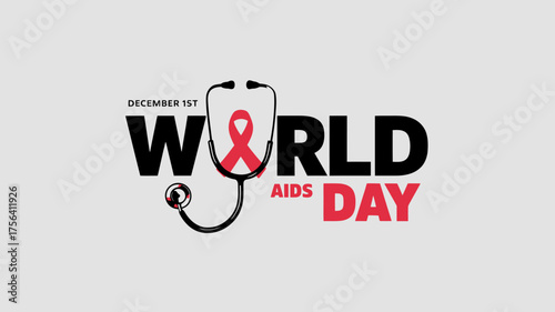 Vector art of world aids day text with stethoscope and red ribbon, december 1st