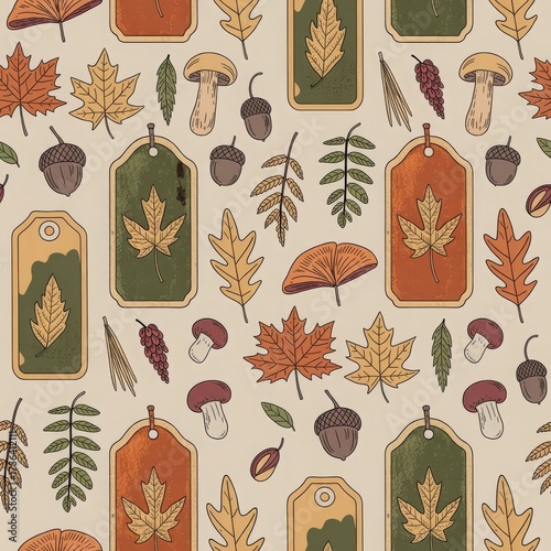 Seamless autumn pattern with leaves, mushrooms, pinecones and botanical tags on beige background. Seasonal forest design for textiles, packaging or surface decor.
