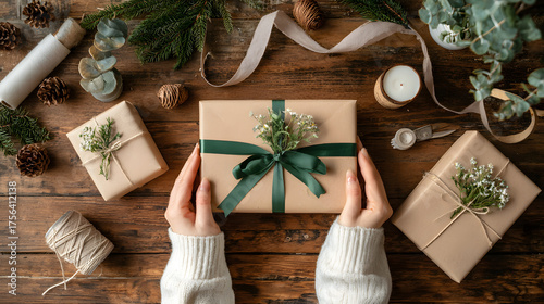 A woman�s hands delicately hold a beautifully wrapped gift adorned with greenery on a rustic wooden table.