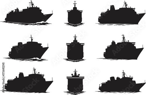 Ship silhouette collection, cargo vessel, cruise liner, military ship, front view, side view, maritime icons, black silhouette, nautical transport, isolated illustration