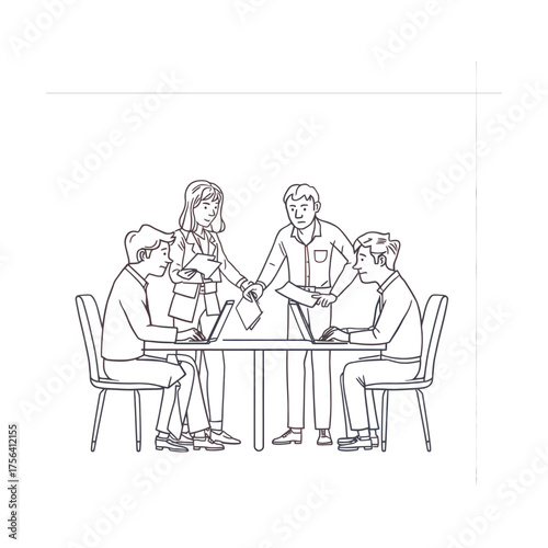 Dynamic team collaboration session with modern office setup, perfect for illustrating business strategy, professional teamwork, and innovative project management concepts. Adobe Illustrator Artwork