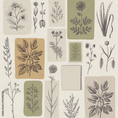Botanical illustration collage with hand-sketched plants arranged in grid layout. Vintage naturalist composition for editorial, packaging or educational design.