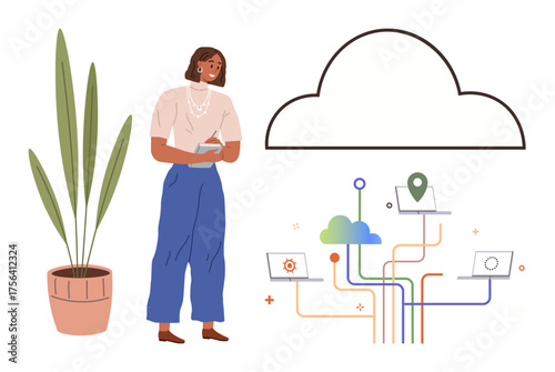 Woman holding notebook near potted plant with large cloud outline and data flow linking icons. Ideal for technology, cloud storage, innovation, connectivity, online platforms, remote work, simple