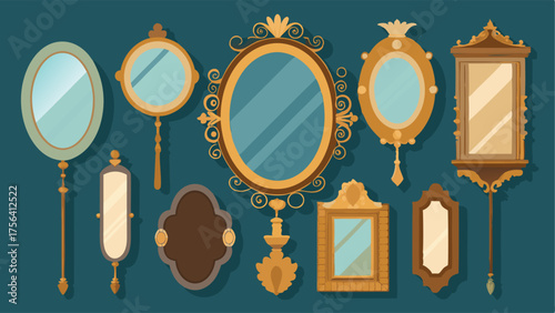 A collection of antique mirrors in different shapes and sizes p in a on one wall.