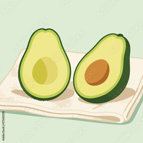 Green ripe avocado cut in half with seed on white napkin. Healthy food concept. Simple graphic element. Flat vector illustration for dieting blog