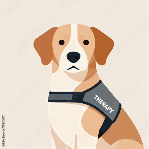 Emotional support dog wearing therapy vest. Assistance animal concept. Flat style vector illustration for pet care, service animal design
