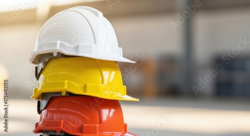 Stack of construction hard hats in white yellow and orange color