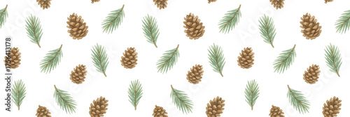 Seamless watercolor pattern with pine cones and fir branches on a transparent background. Winter texture for Christmas and holiday design