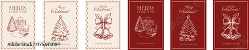 Collection of minimalist Christmas greeting cards in vintage sketch style with festive elements — Christmas tree, fireplace, and bells. Elegant red and beige palette for winter holiday design
