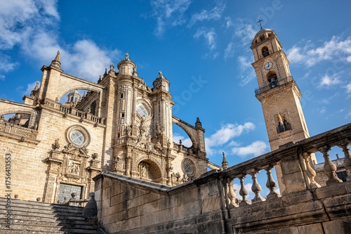 The Cathedral of Jerez de la Frontera with its elegant baroque facade and bell tower under a clear blue sky, Cadiz, Andalusia, Spain