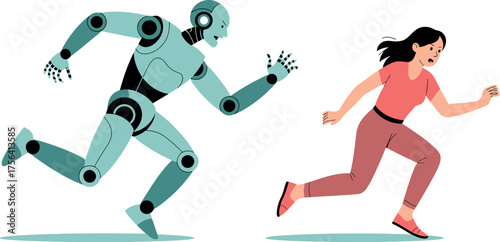 Woman running away from robot isolated on white background in a panic situation