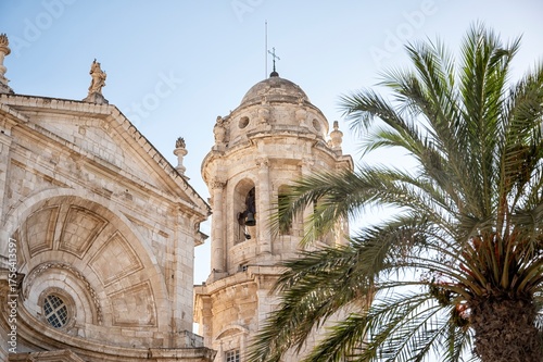The bell tower of the Cathedral of Cadiz framed by a palm tree against a bright blue sky, Andalusia, Spain