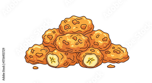 Cartoon illustration exhibiting golden crispy banana fritters dessert snack