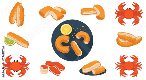 Assortment of breaded crab sticks with lemon and lime vector design