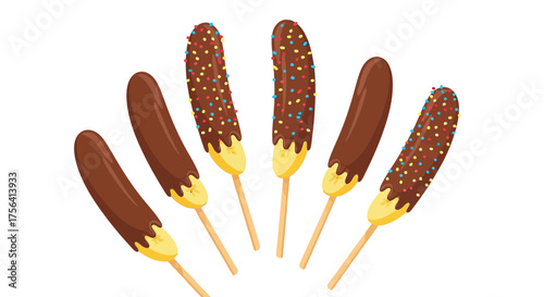 Whimsical chocolate dipped bananas on sticks with vibrant candy sprinkles