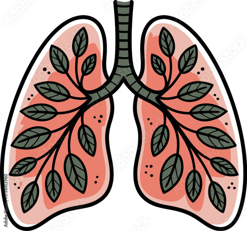 Illustration of healthy lungs with green leaves isolated on white background