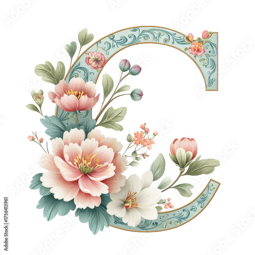 Intricate floral artistry features the elegant letter C in soft pastel hues, embodying a chinoiserie style filled with charm and grace