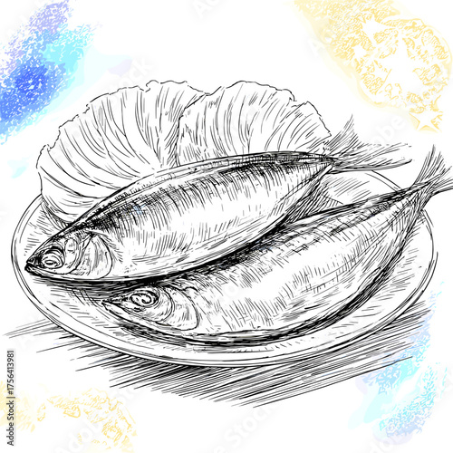 Herring on a plate with garnishing in a detailed black and white illustration style