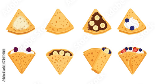 Assorted delicious crepes vector illustration with diverse fillings and toppings