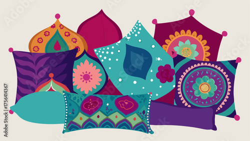 A collection of mismatched throw pillows in rich jewel tones adorned with different patterns like paisley ikat and embroidery.